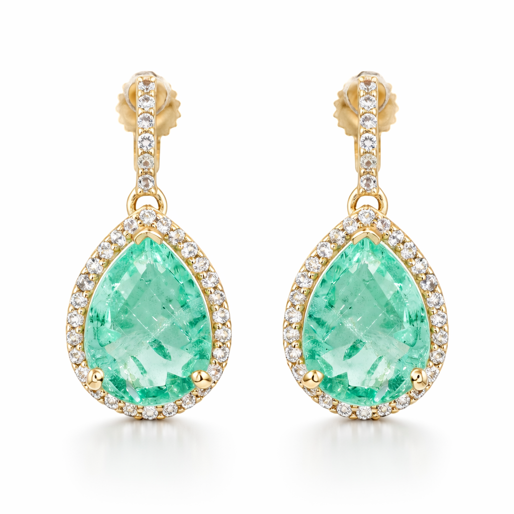 3.56 Ct Pear Emerald 9K Gold Earrings