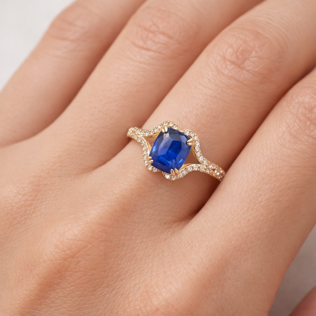2.51 Ct Cushion Sapphire 9K Gold Ring