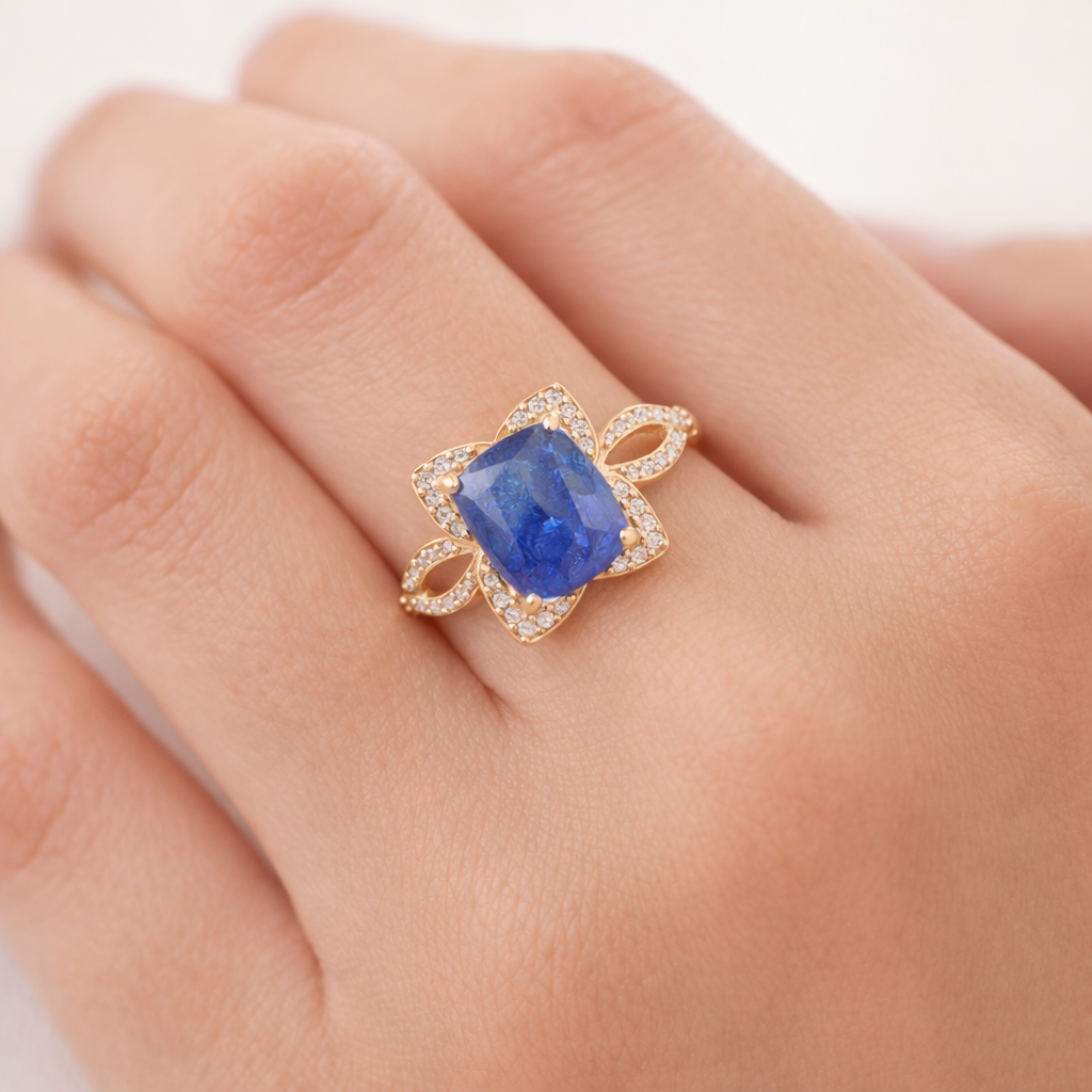2.44 Ct Cushion Sapphire 9K Gold Ring