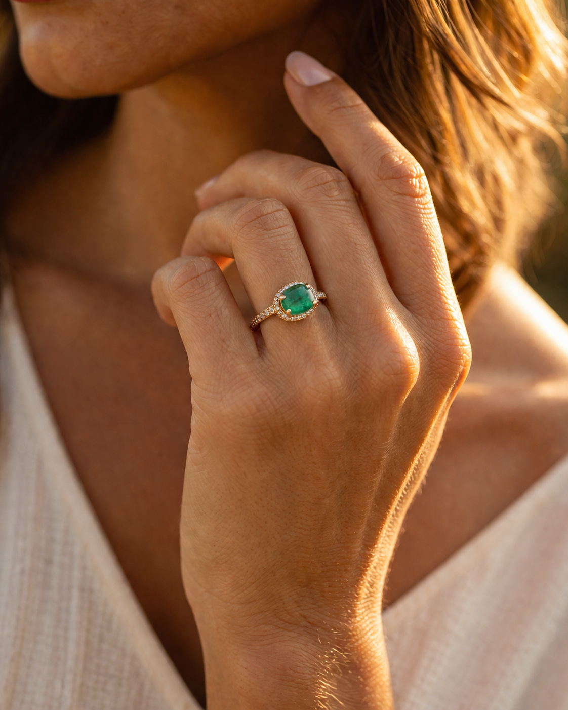 1.96 Ct Oval Cabochon Cut Natural Emerald 14K Gold Ring