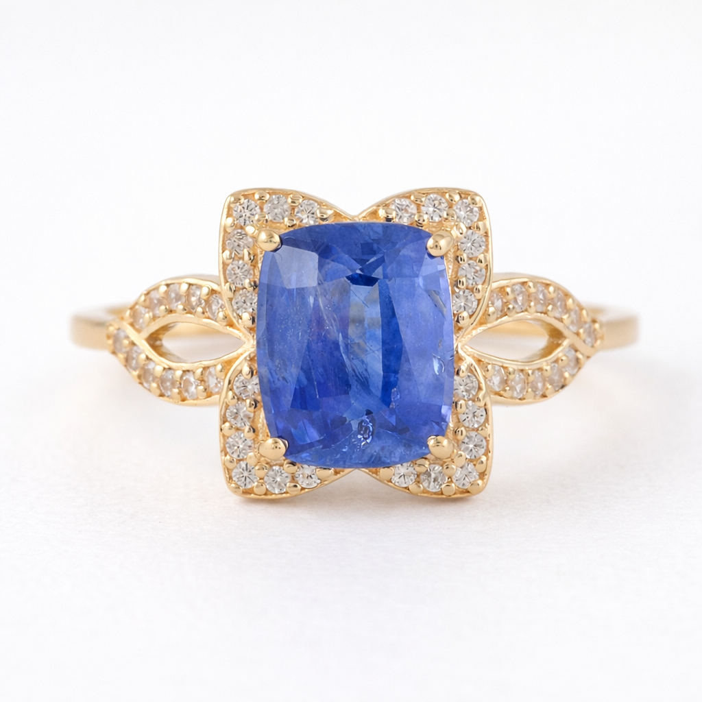2.44 Ct Cushion Sapphire 9K Gold Ring