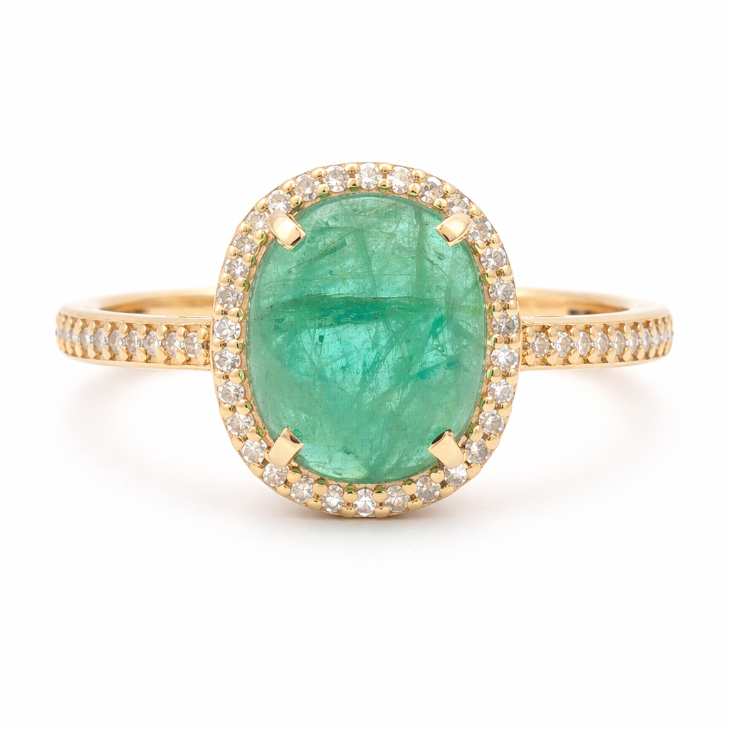 1.96 Ct Oval Cabochon Cut Natural Emerald 14K Gold Ring