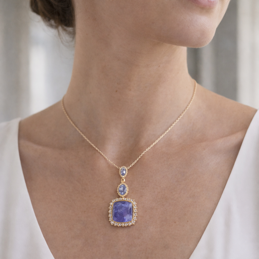 14.50 Ct Cushion Tanzanite 9K Gold Pendant