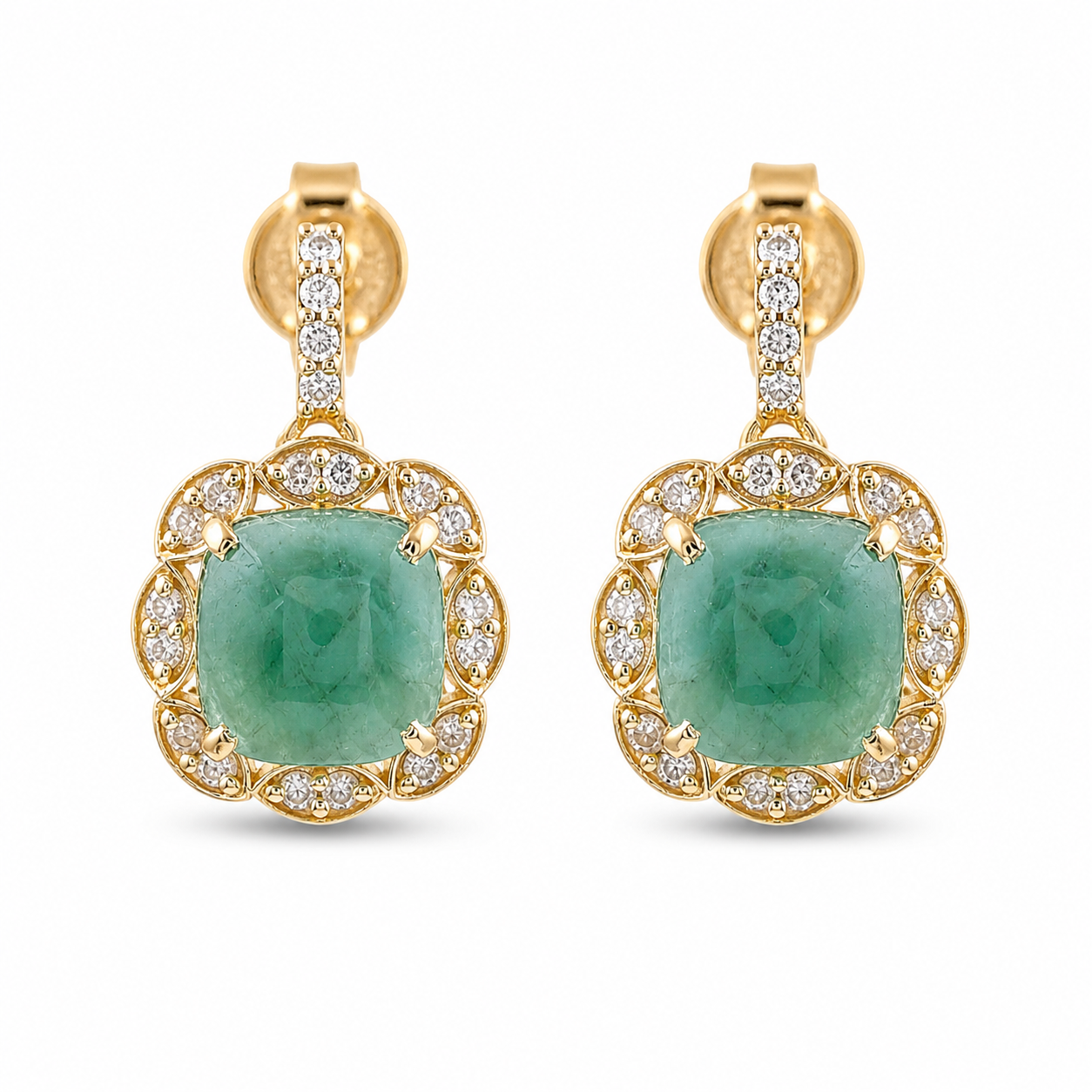 4.98 Ct Cushion Emerald 9K Gold Earrings