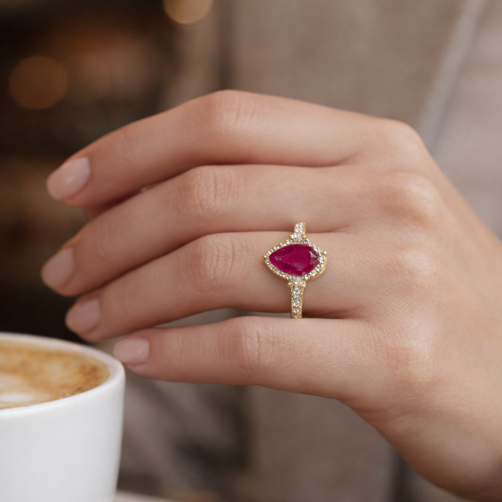 1.49 Ct Pear Ruby 9K Gold Ring